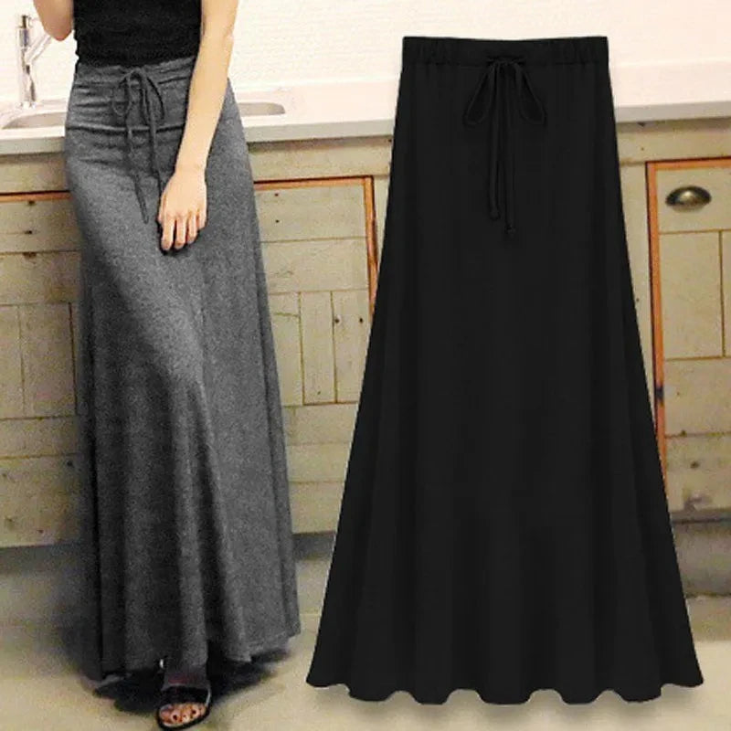 New Bla A-Line Midi Skirt Elastic Waist Large Hem Women's Spring Autumn Long Skirt High Waist Pure Color Versatile Sle