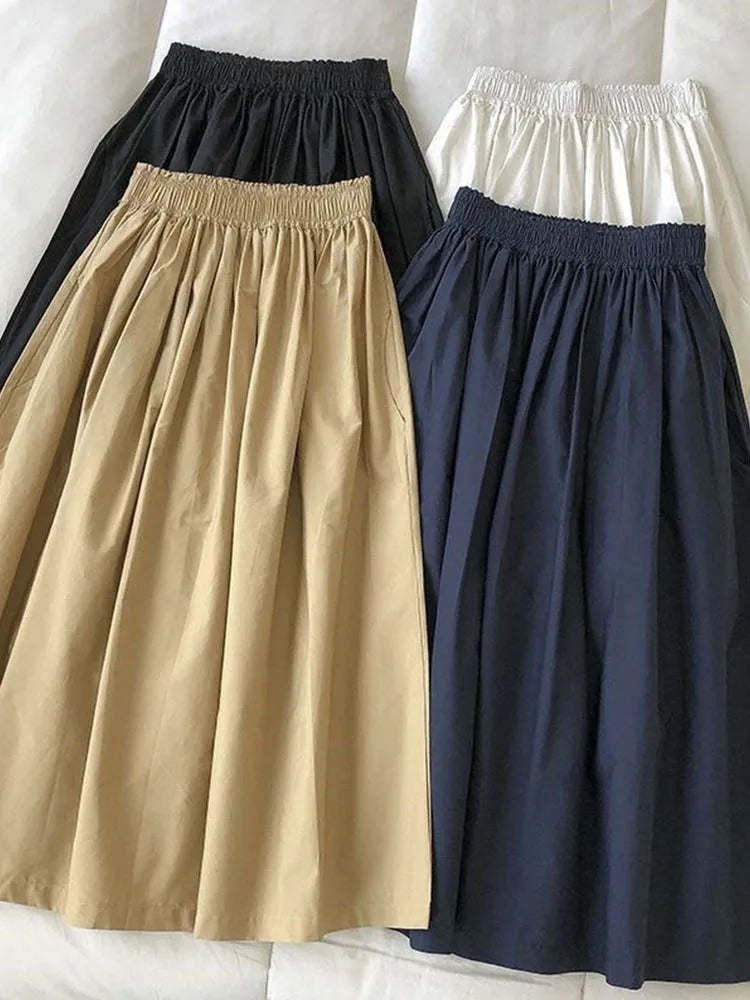 Women's White Long Skirt High Waist A-Line Knee-Length Fashion Pockets Pleated Casual Elegant Skirts for Autumn 2024