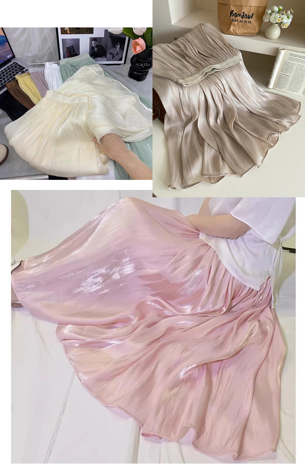 2025 Spring/Summer New Luster  A-line Women Skirt Solid Color High Waist French Paris Style Elegant Asymmetrical Skirt