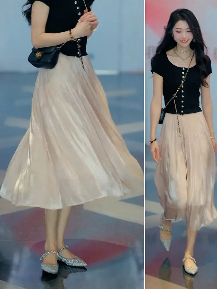 2025 Spring/Summer New Luster  A-line Women Skirt Solid Color High Waist French Paris Style Elegant Asymmetrical Skirt