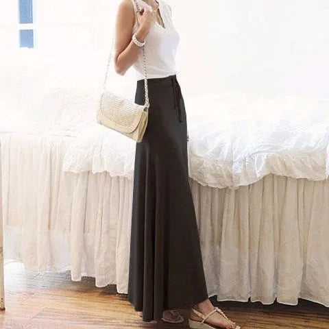 New Bla A-Line Midi Skirt Elastic Waist Large Hem Women's Spring Autumn Long Skirt High Waist Pure Color Versatile Sle